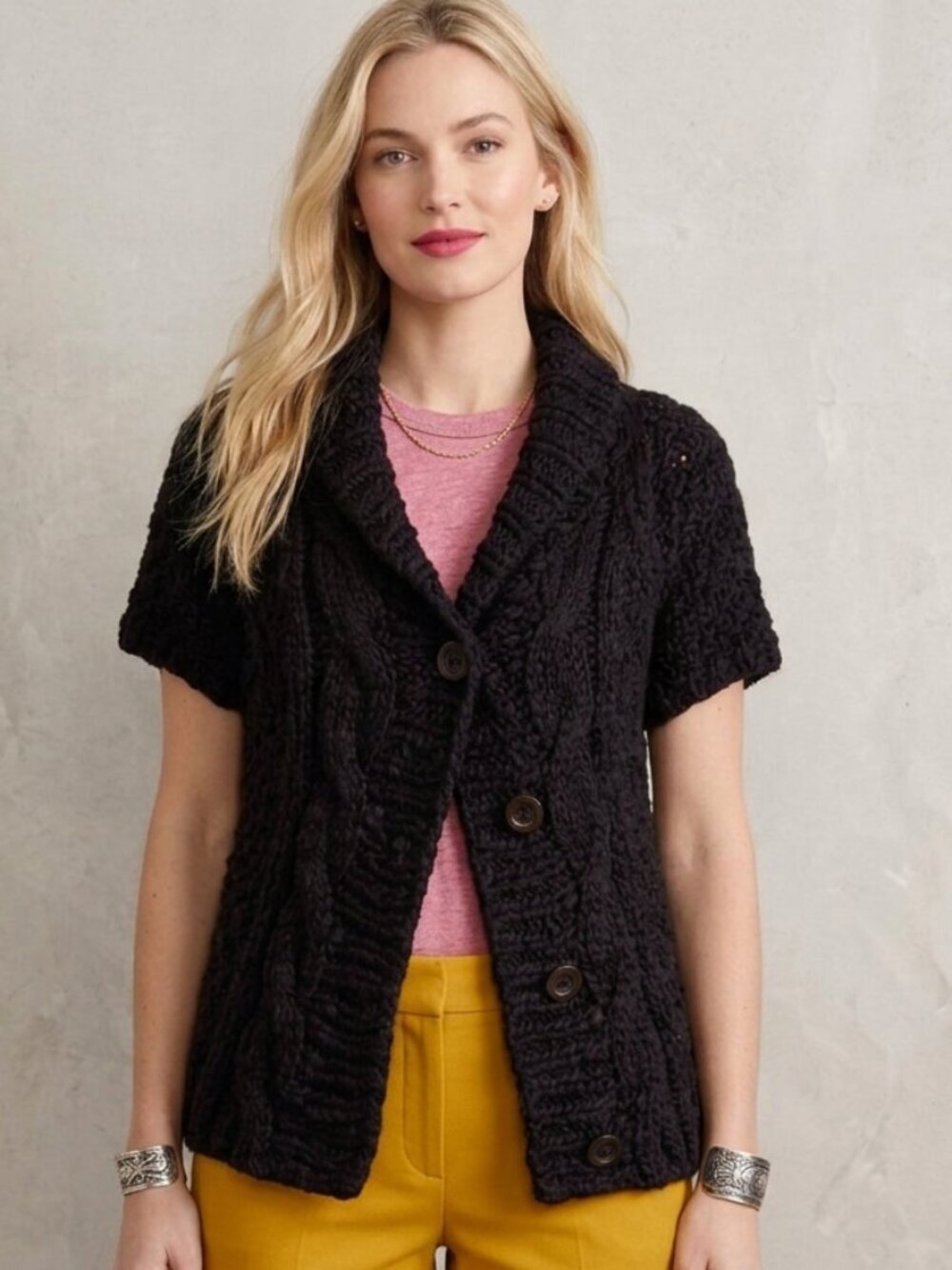 Y2K Vivienne Tam Wool Black Sweater Medium Cardigan Short Sleeve Chunky Knit